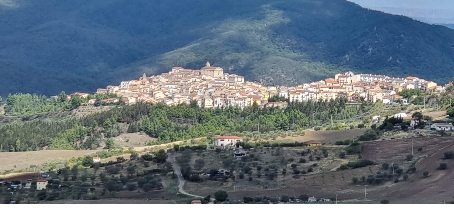 Il borgo di Accettura disteso sul crinale, circondato da boschi e campi.